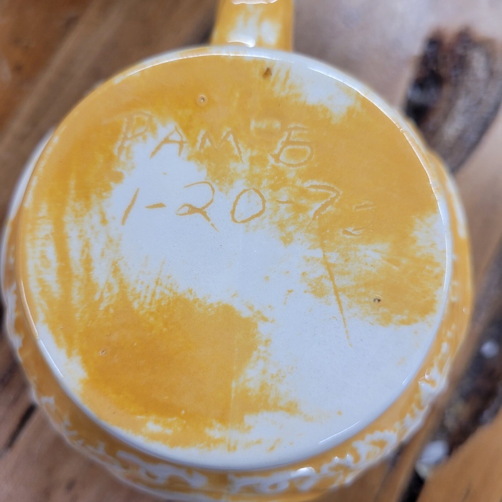 Set of 2 Vintage Mugs Green & Yellow Glazed Unique Relief Cups Signed 1970s - Picture 6 of 14